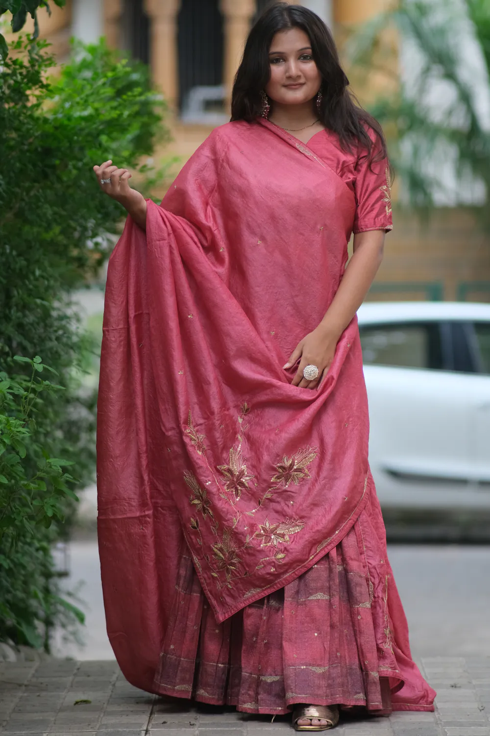 Maroon & brown pure tussar & raw silk handwork lehenga set