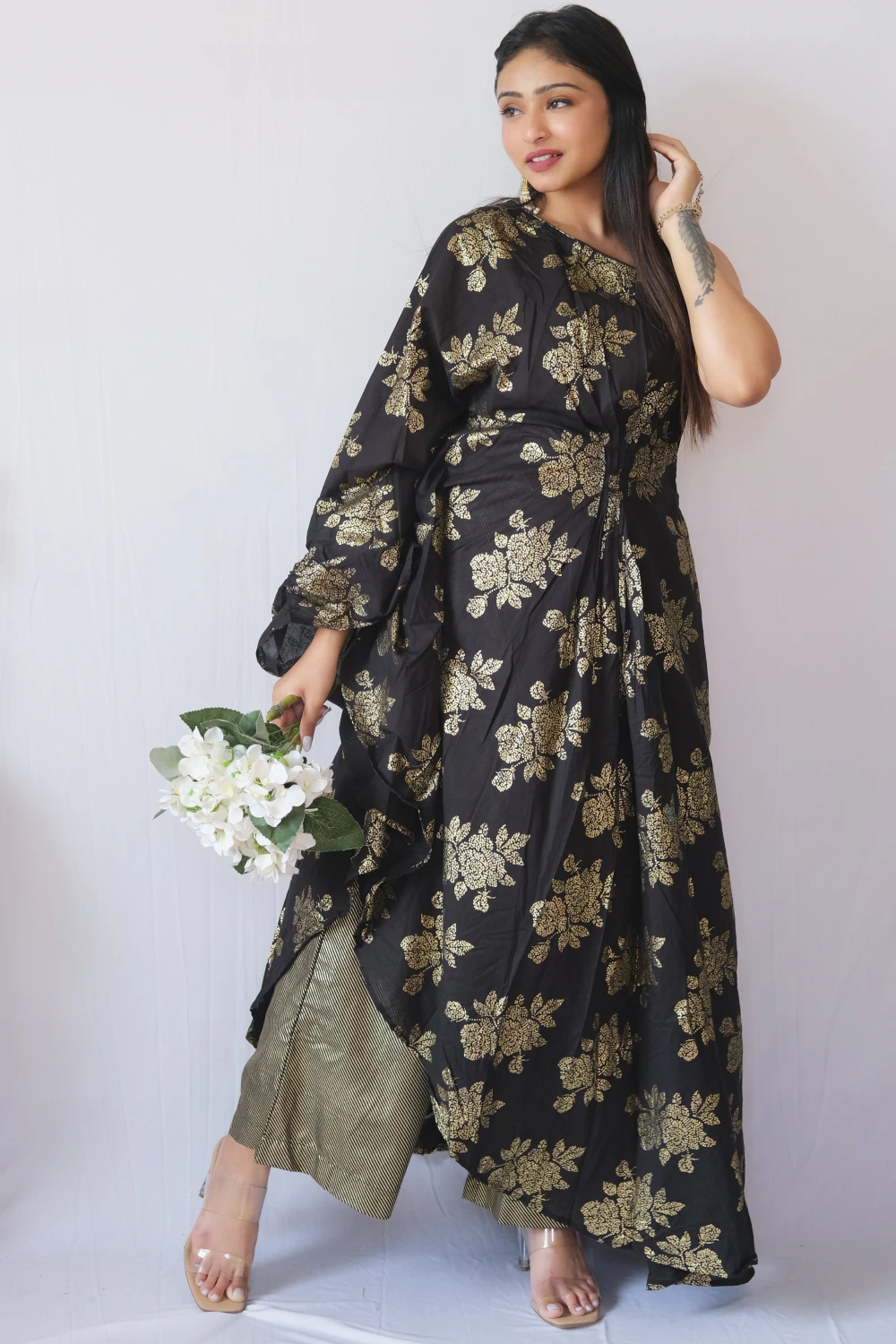 Black with golden draped kurta set