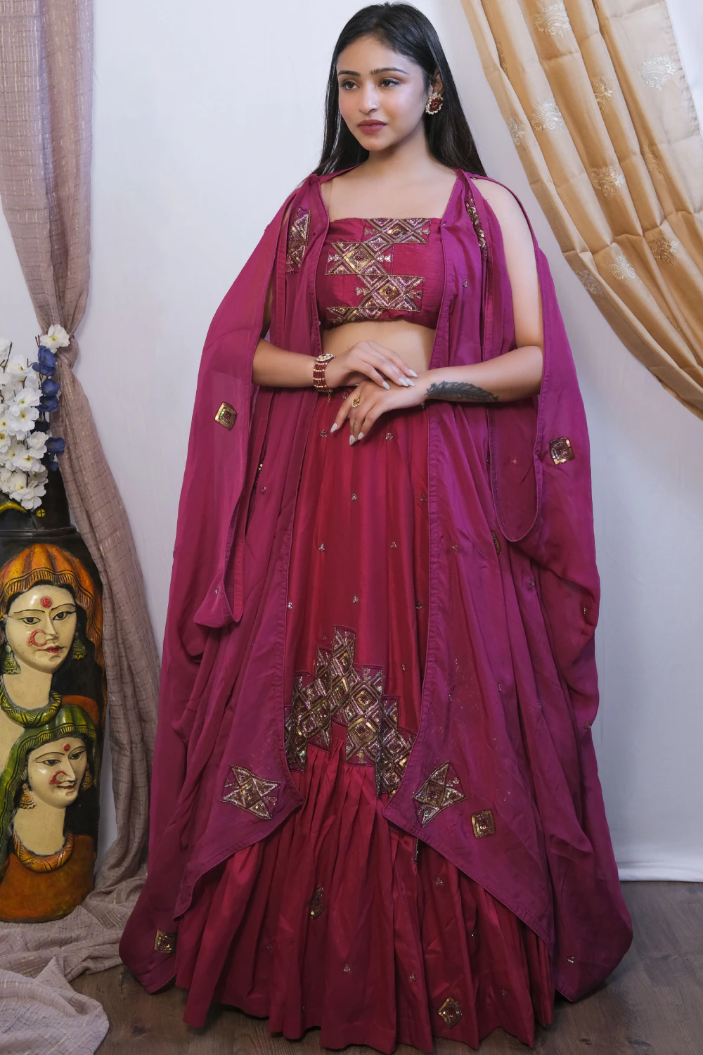 wine silk mixed work lehenga set
