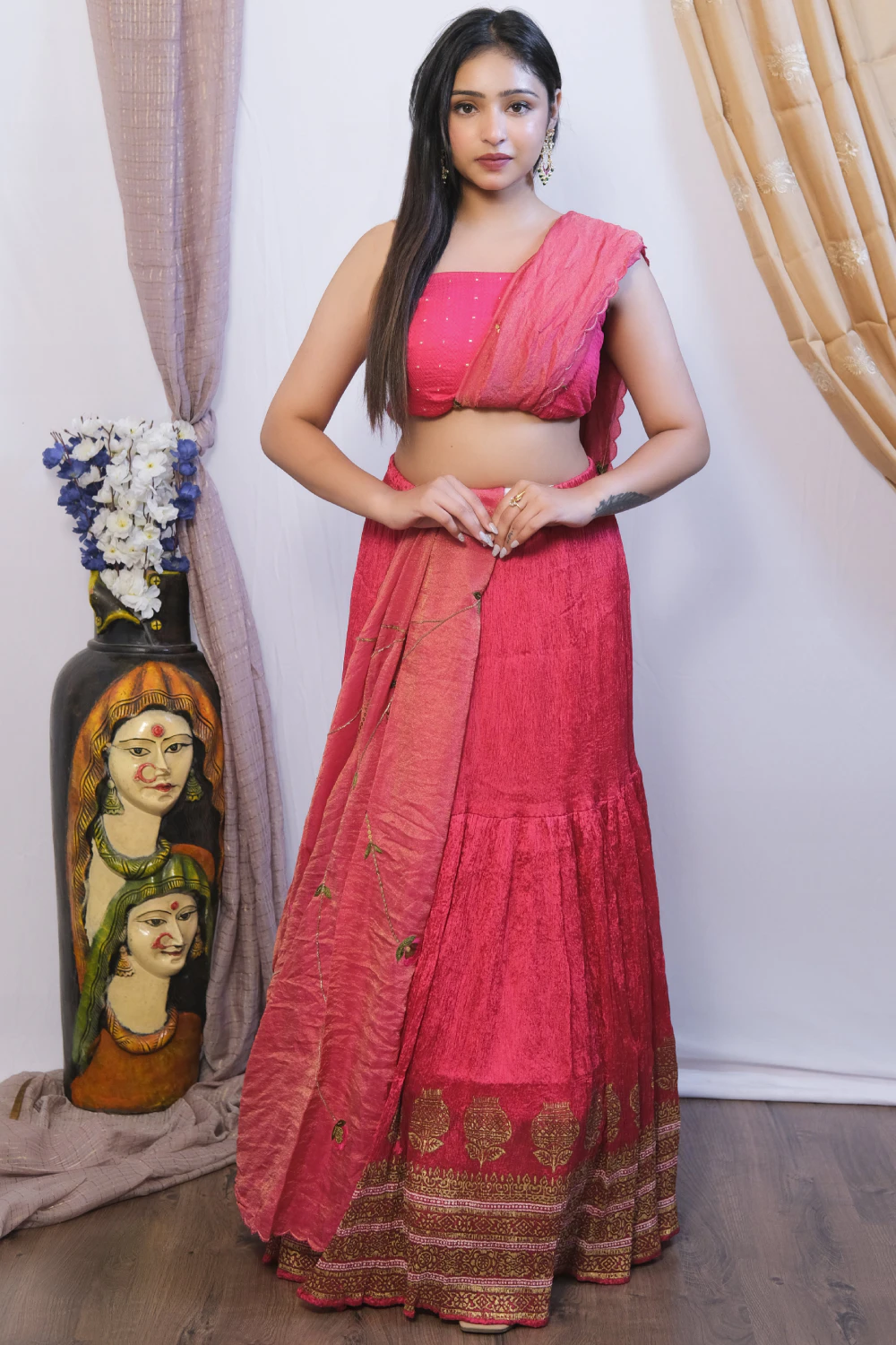 rani pink crushed & silk zardose work lehenga set