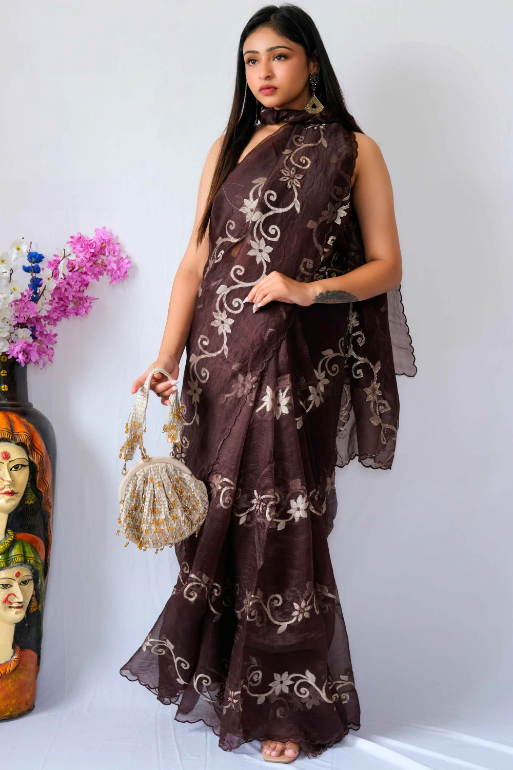 brown Pure organza weaved highlight hand work saree