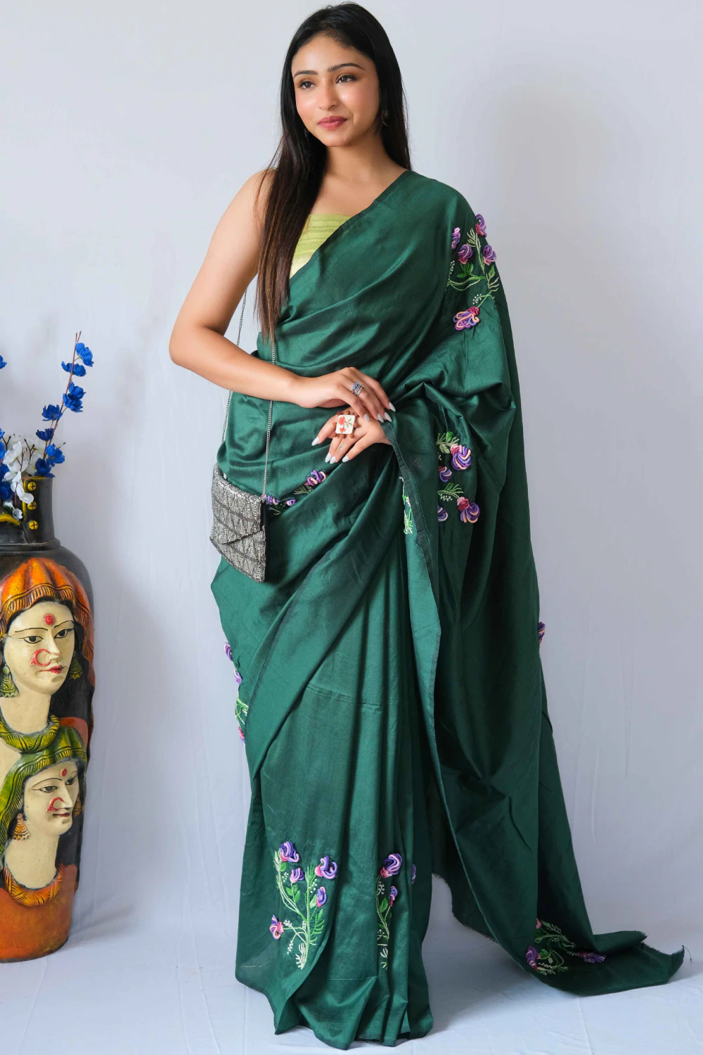 Bottle green cotton silk thread work saree