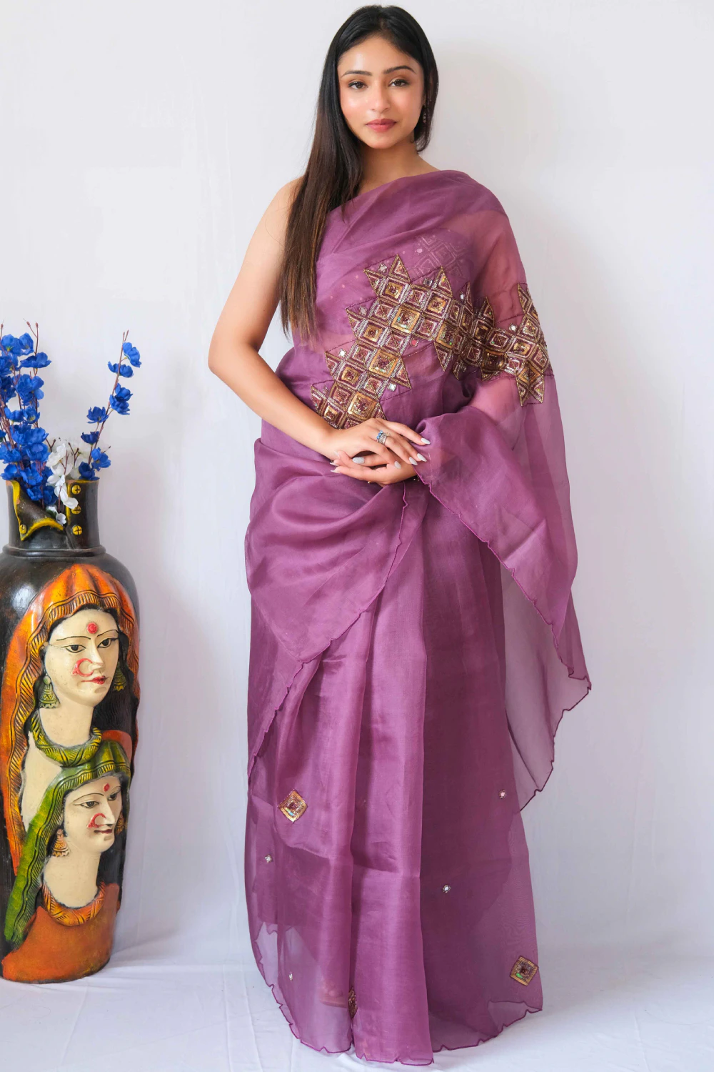 purple pure organza mixed handwork saree
