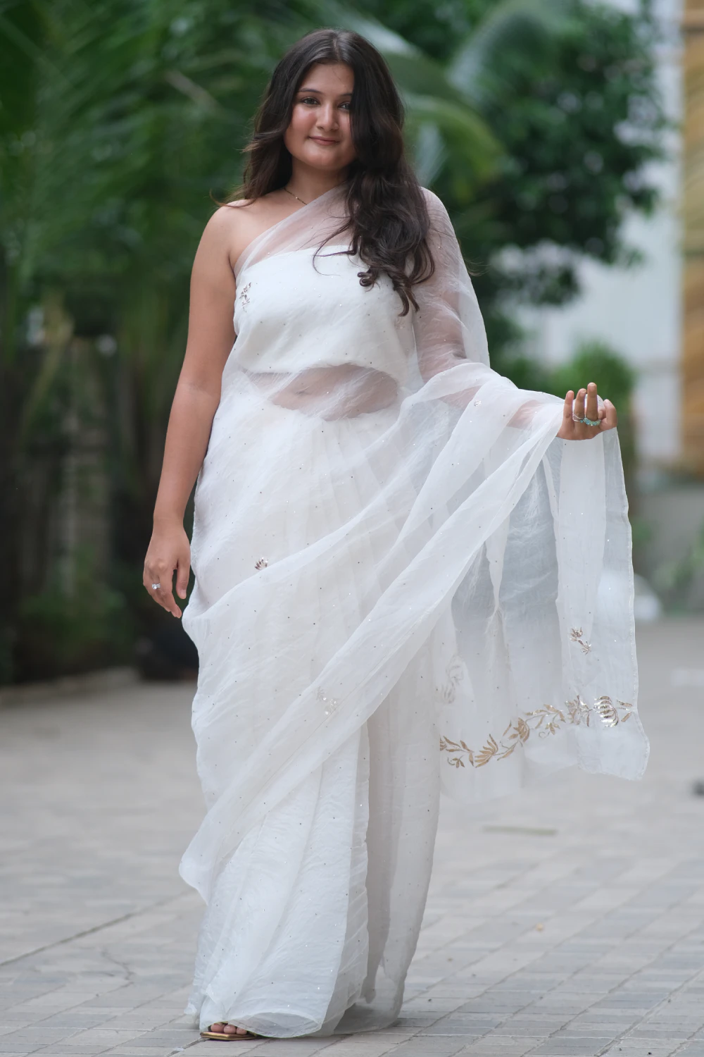 White pure organza mukaish work saree