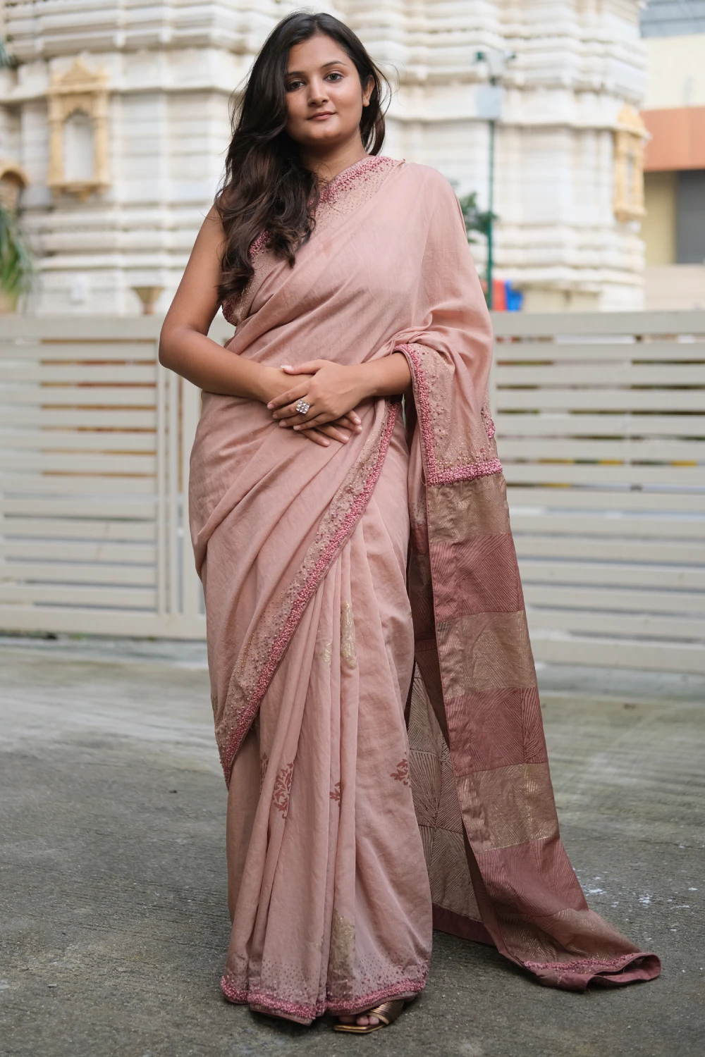 Chiku ombre dyed chanderi silk handprint & handwork saree