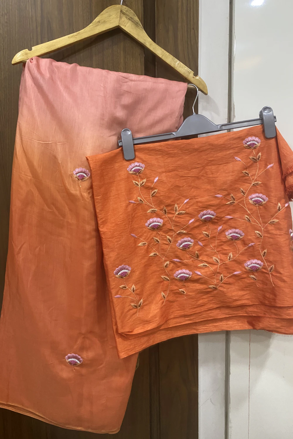 ombre dyed peach & orange handwork saree