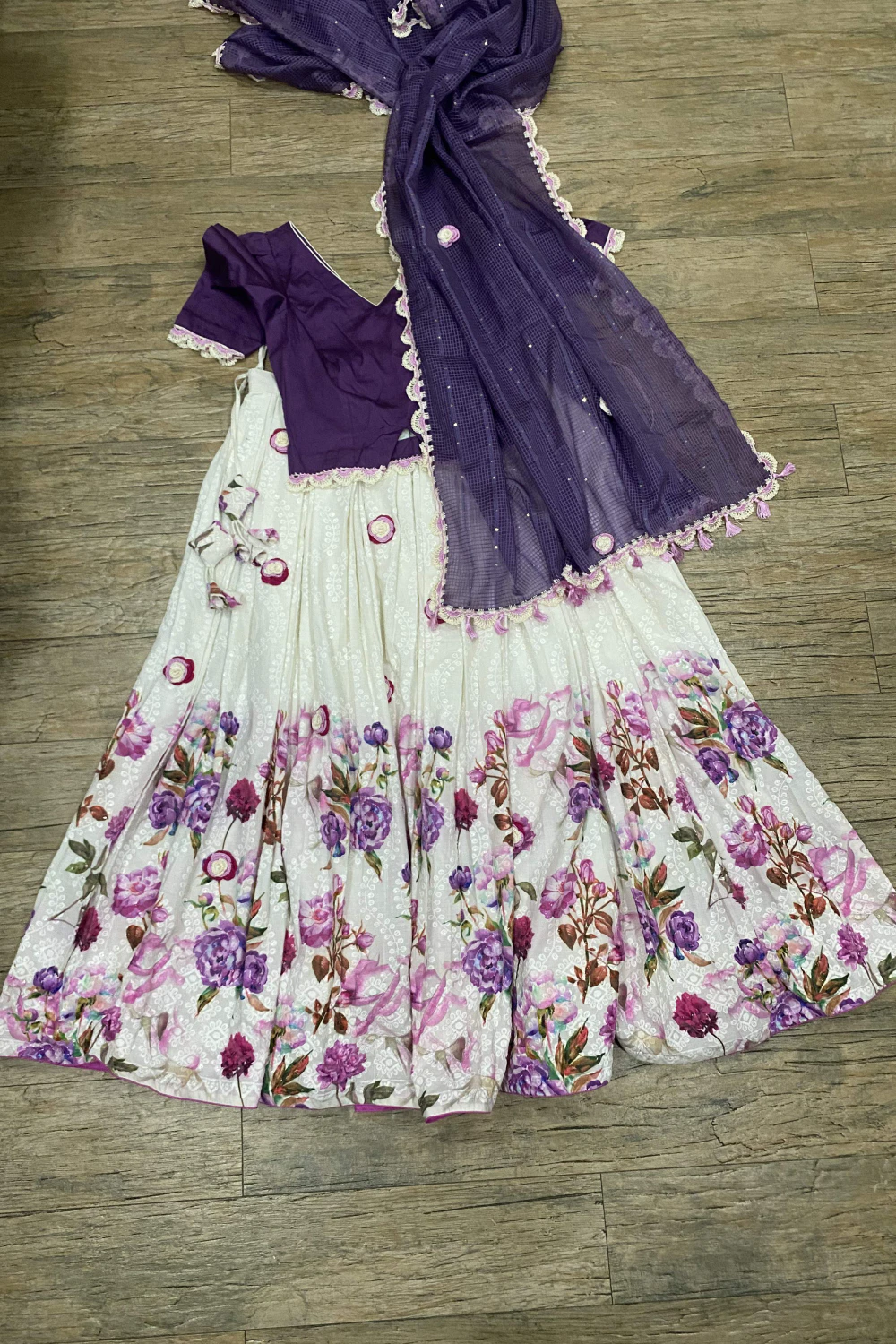 Purple & White Cotton Crocio Handwork Lehenga set