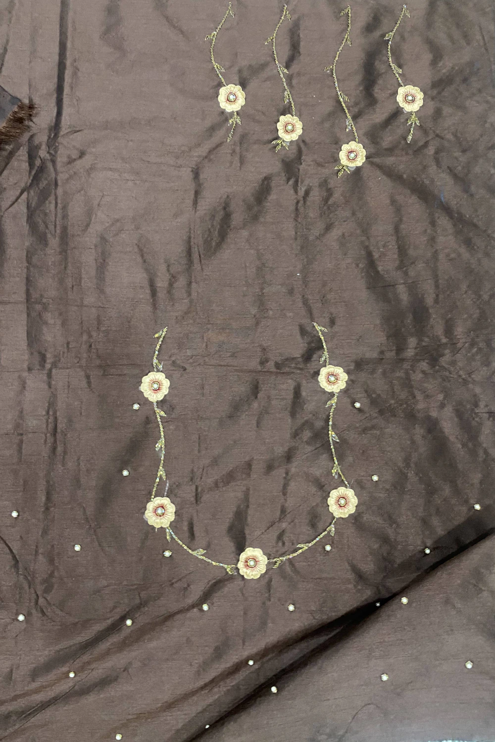 Dark Brown Muslin Silk Mixed Handwork Saree