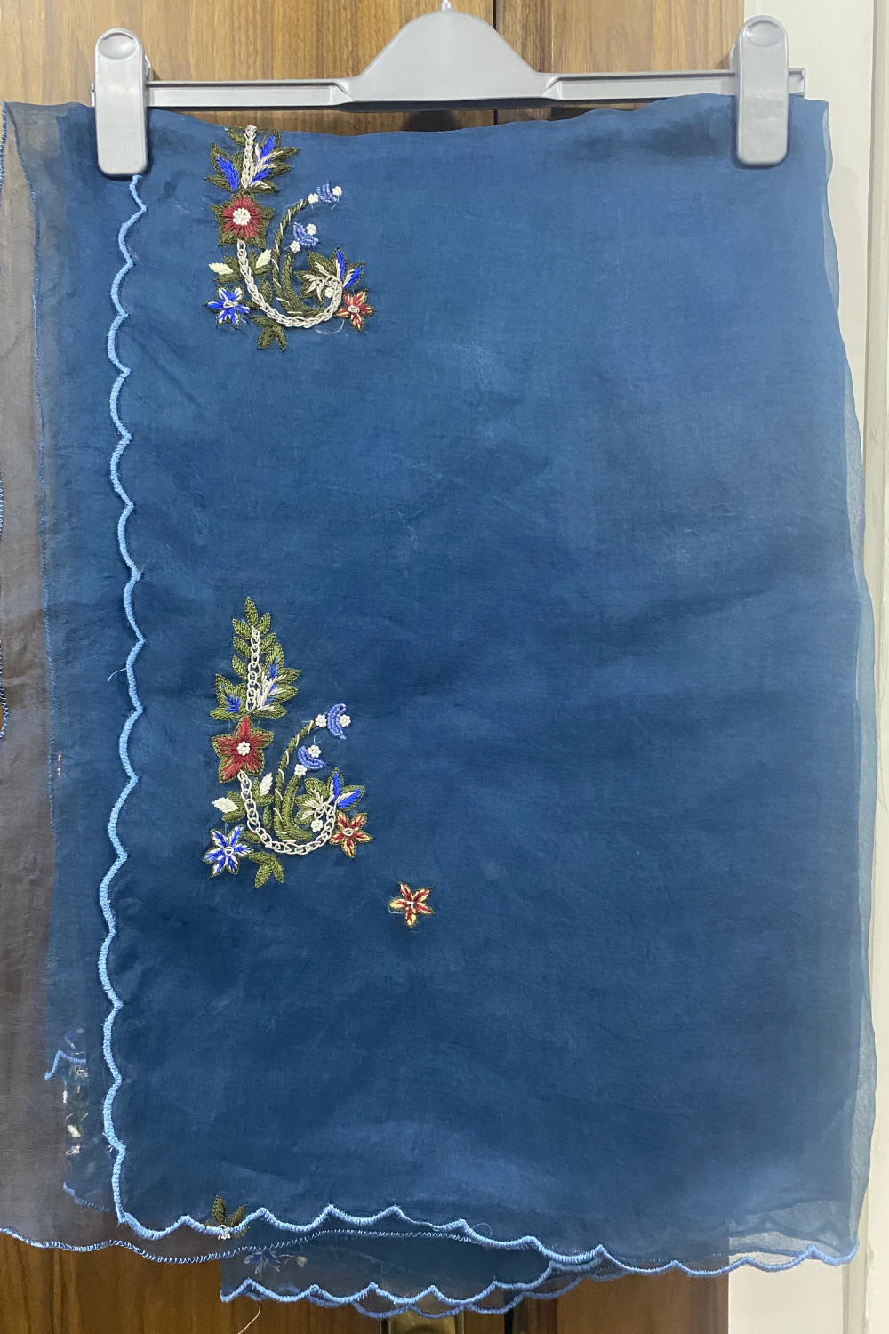 Peacock Blue Pure Organza Handwork Saree