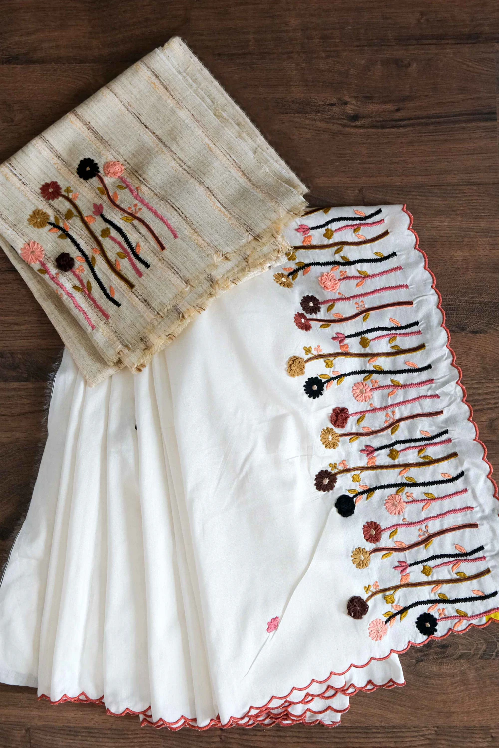 Off white silk hand plus machine work saree