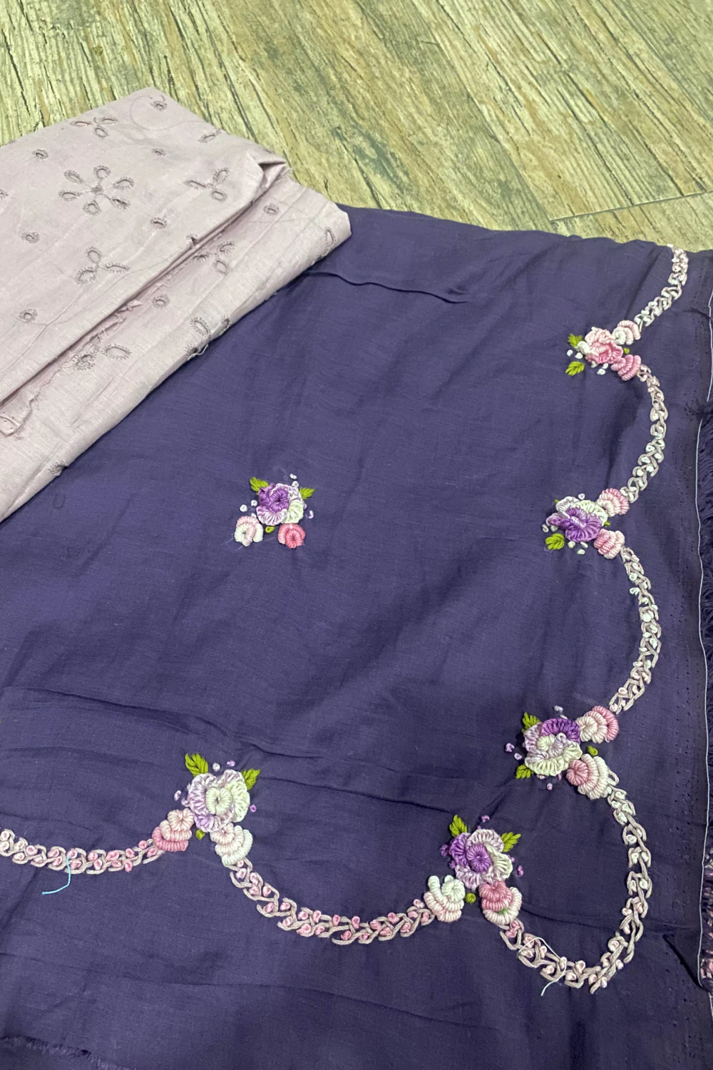 purple muslin silk thread work saree