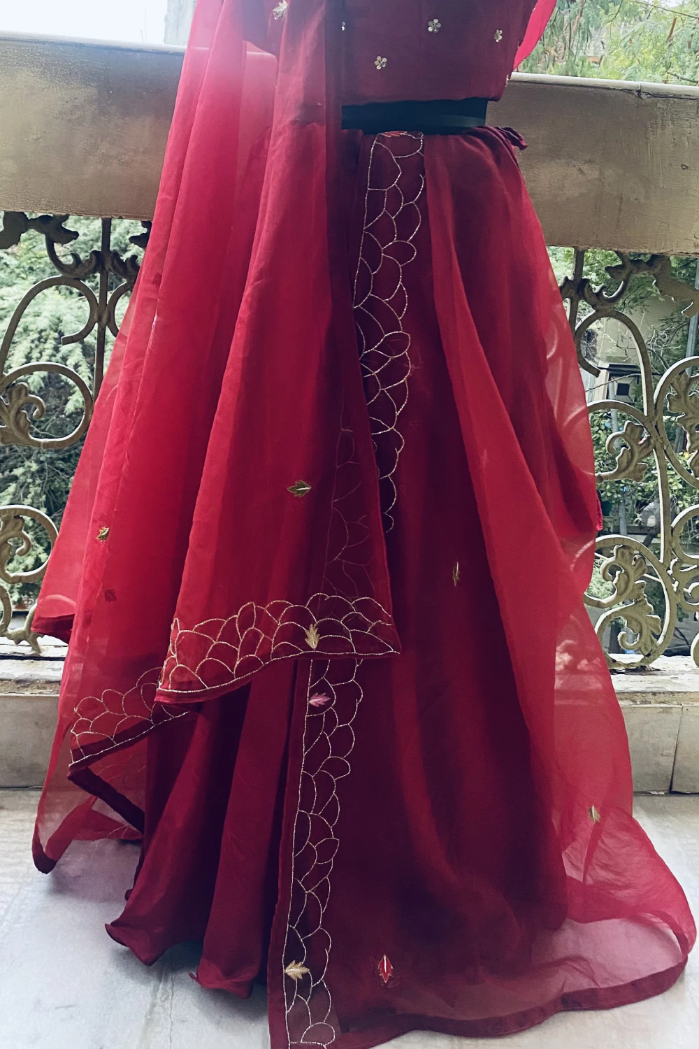 Red Silk Mixed Handwork Lehenga Set