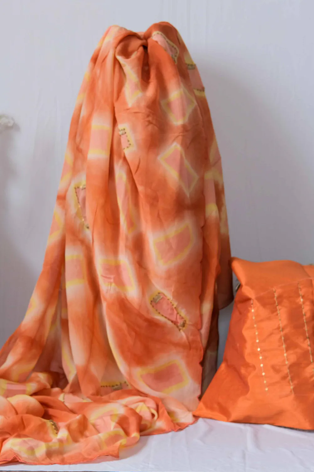 Peach & organge tye dyed silk organza handwork saree