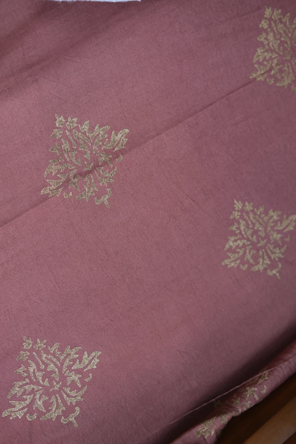 Chiku ombre dyed chanderi silk handprint & handwork saree