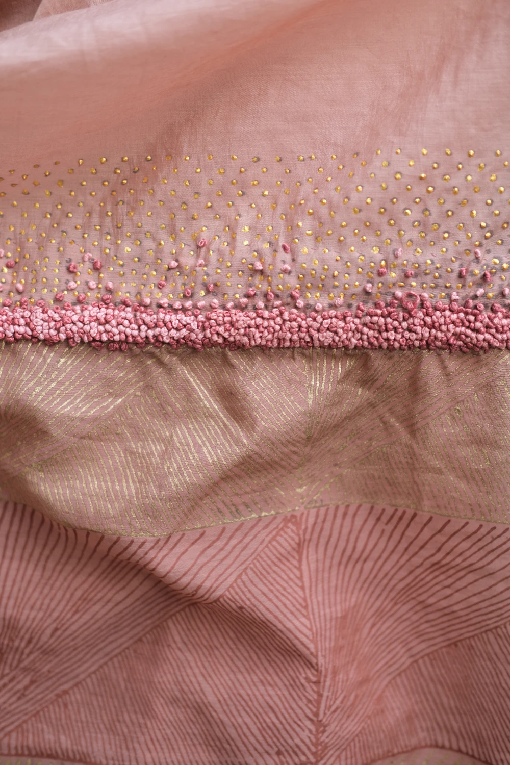 Chiku ombre dyed chanderi silk handprint & handwork saree