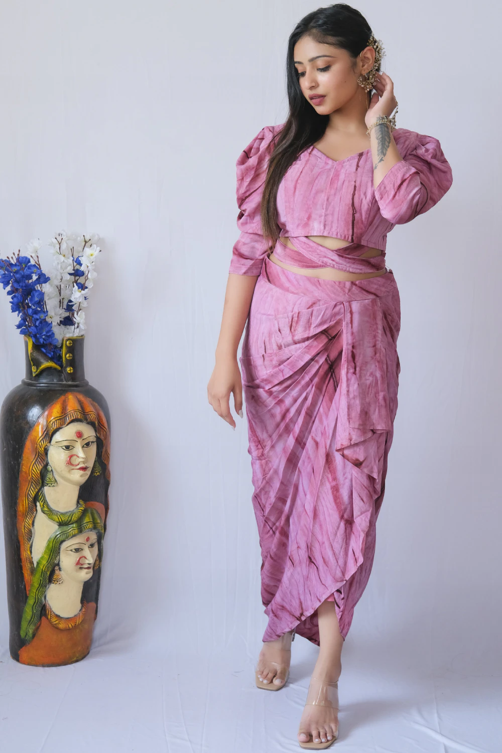 Onion pink draped dhoti set