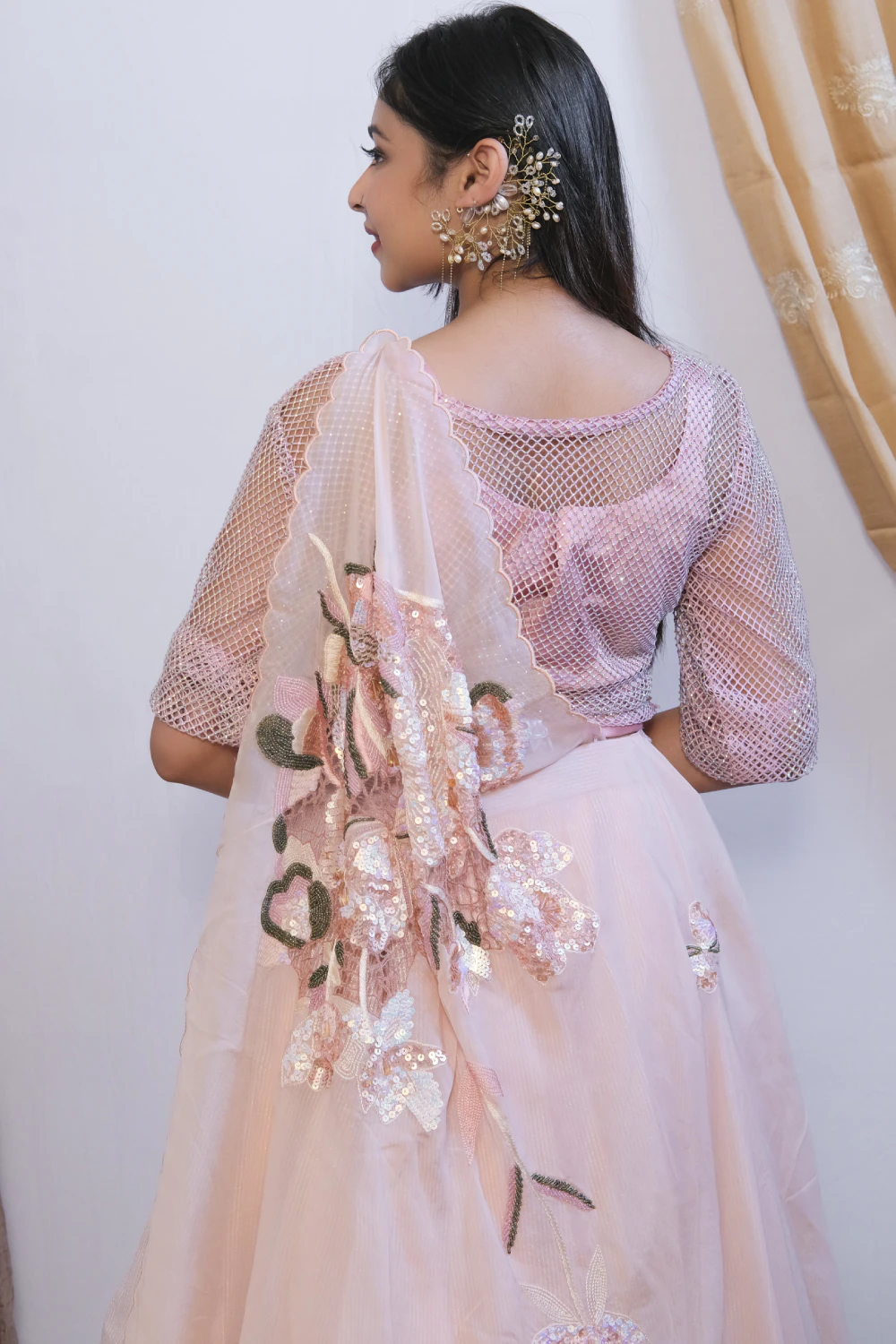 Pink tissue mixed work lehenga set