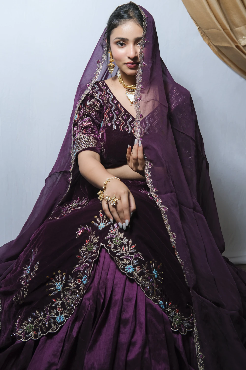 purple velvet & silk mixed work lehengae