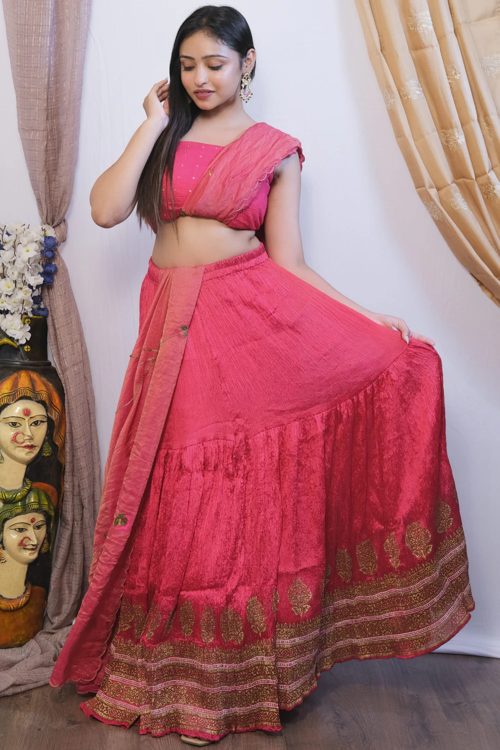 rani pink crushed & silk zardose work lehenga set