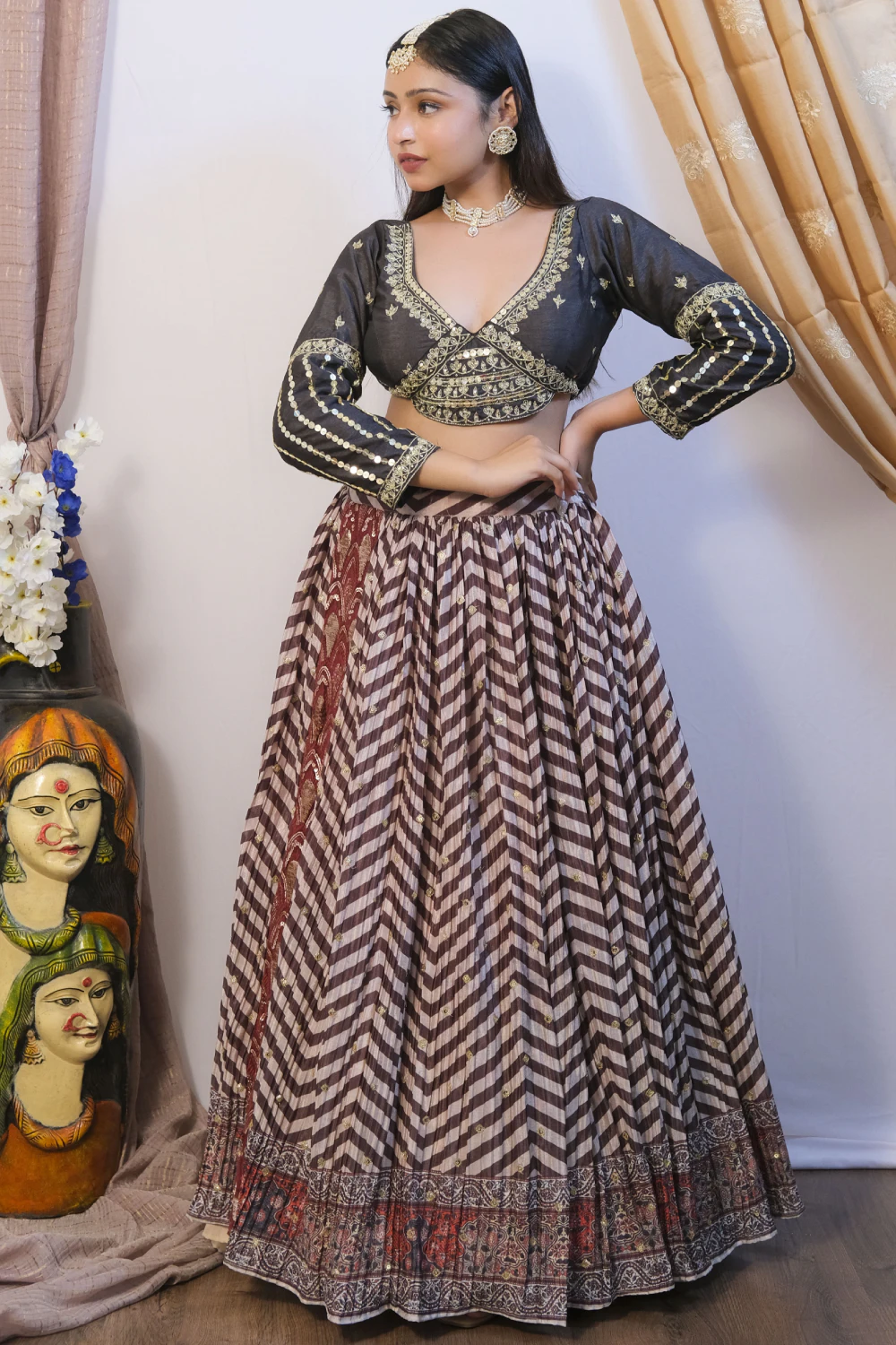 Emerald green  & off white crushed & silk kasab work lehenga set