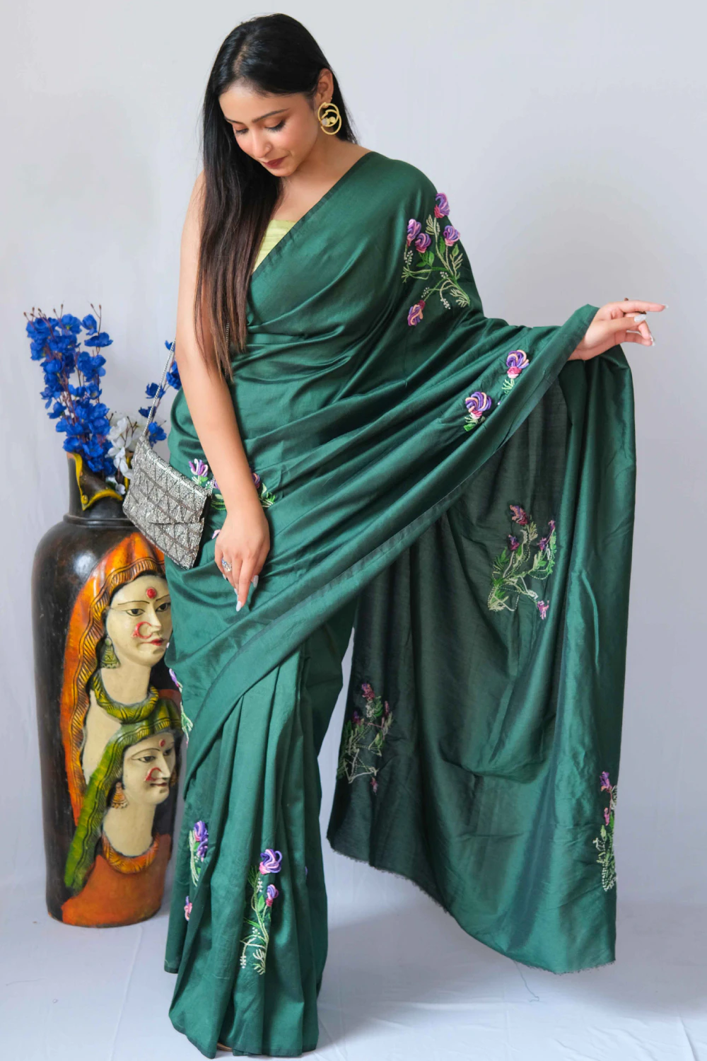 Bottle green cotton silk thread work saree