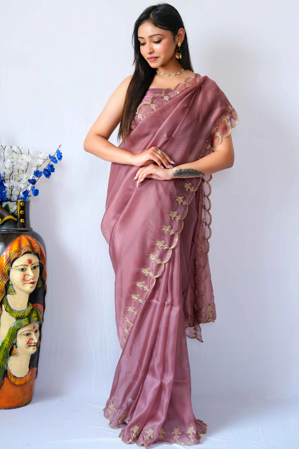 Mauve jute silk zardose handwork saree