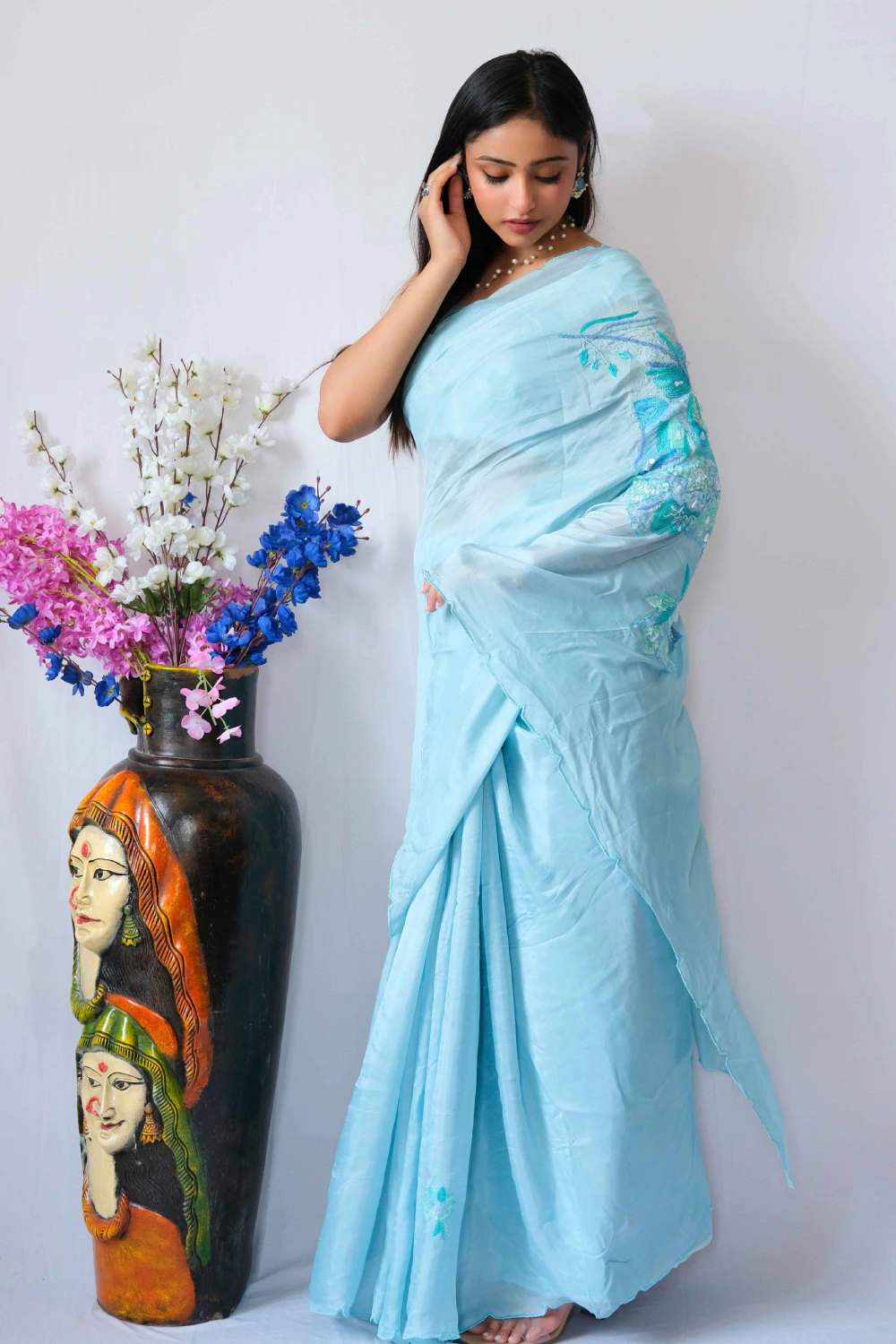 Ice blue abu dai mixed handwork saree