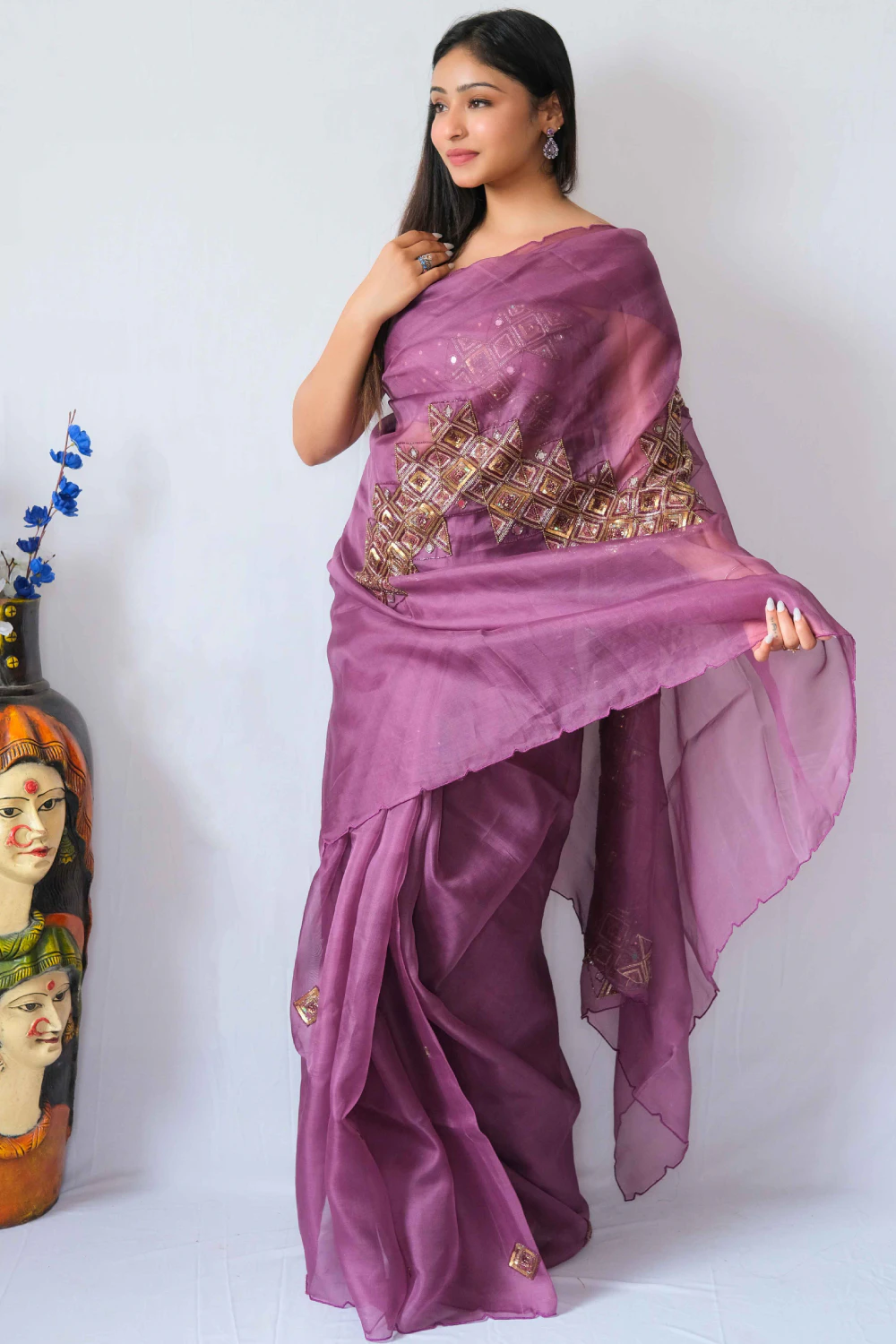 purple pure organza mixed handwork saree