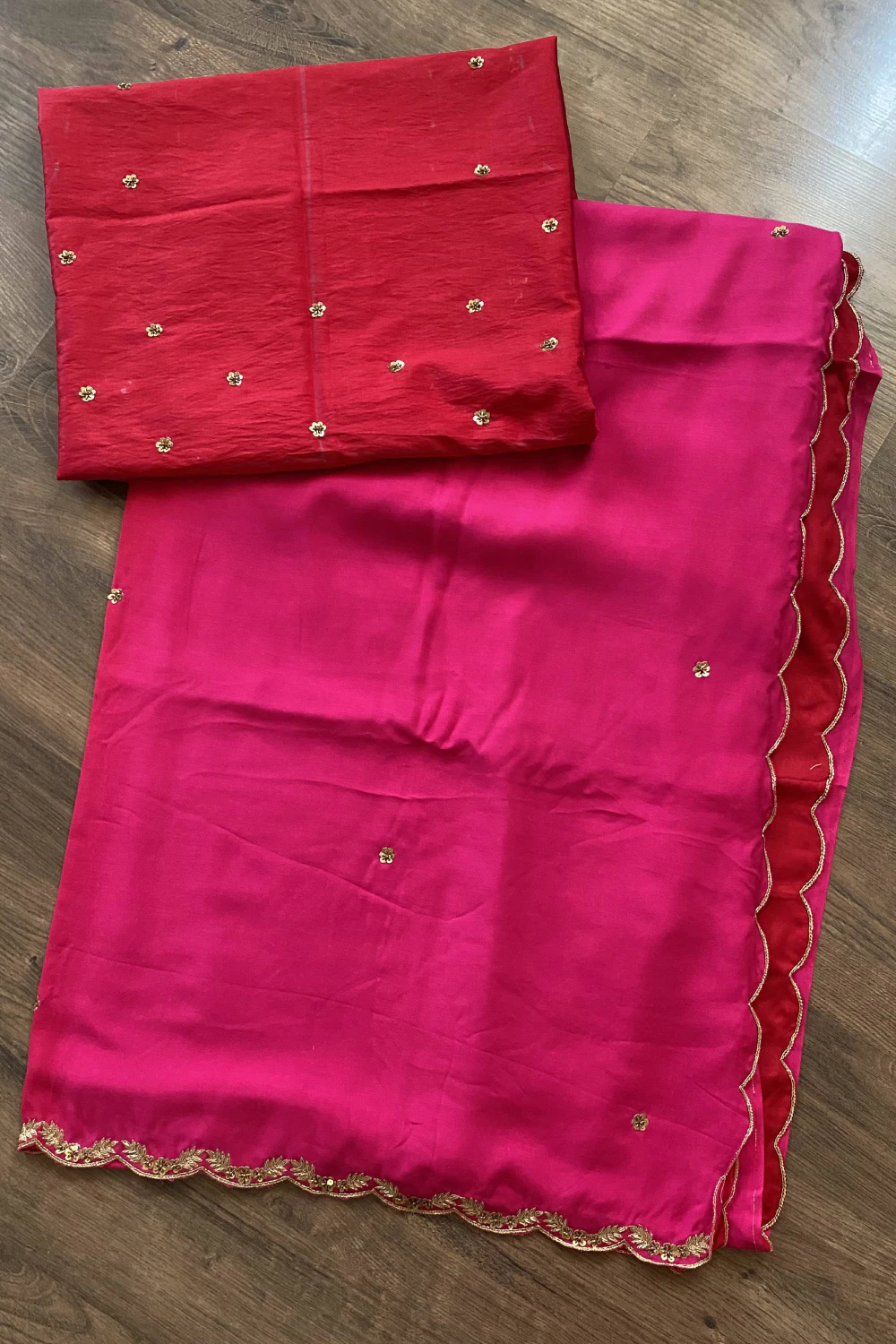 Rani pink & red ombre dyed pure muslin zardose handwork saree