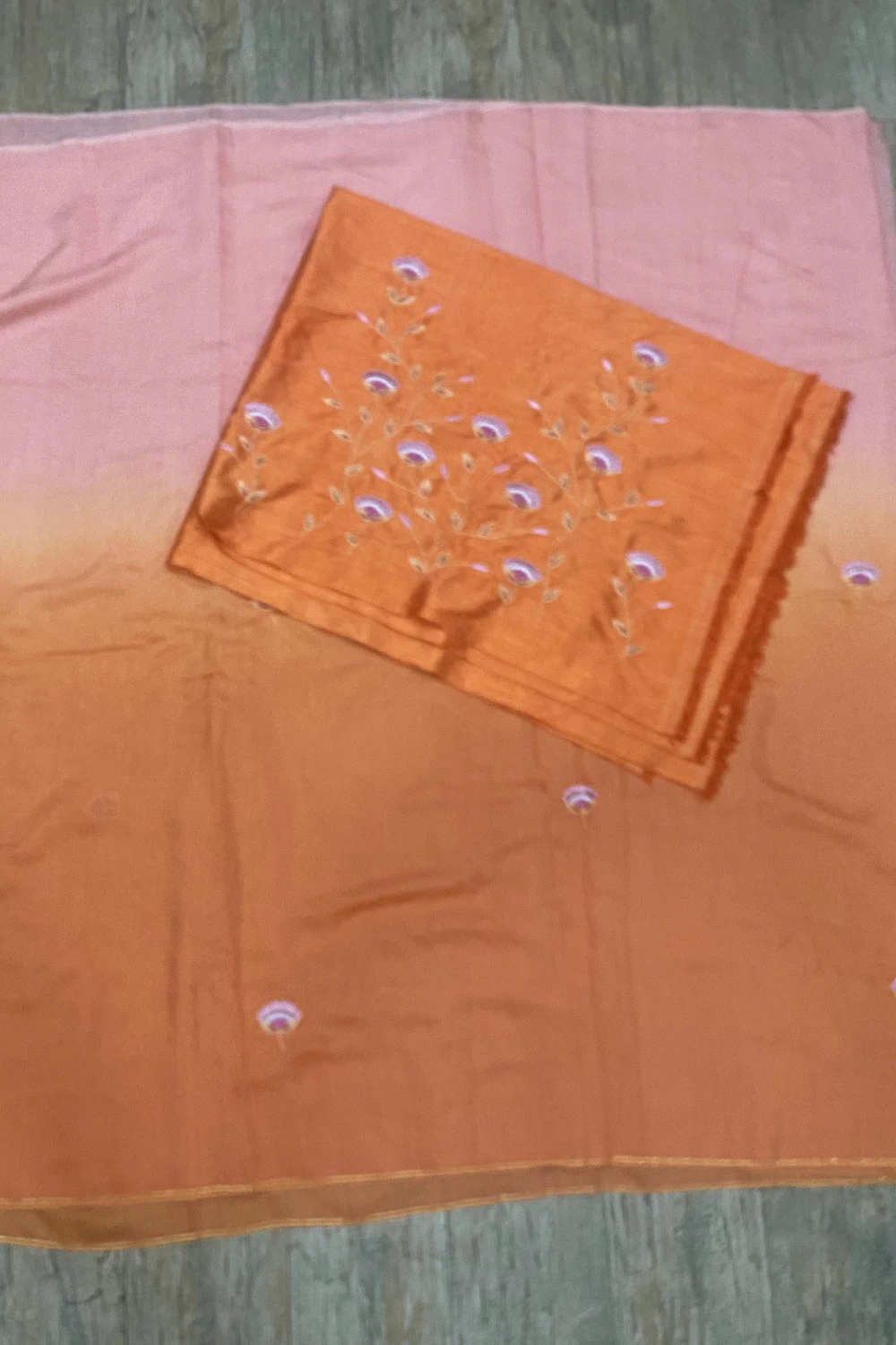 ombre dyed peach & orange handwork saree