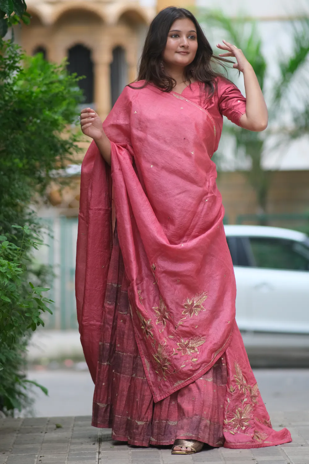 Maroon & brown pure tussar & raw silk handwork lehenga set