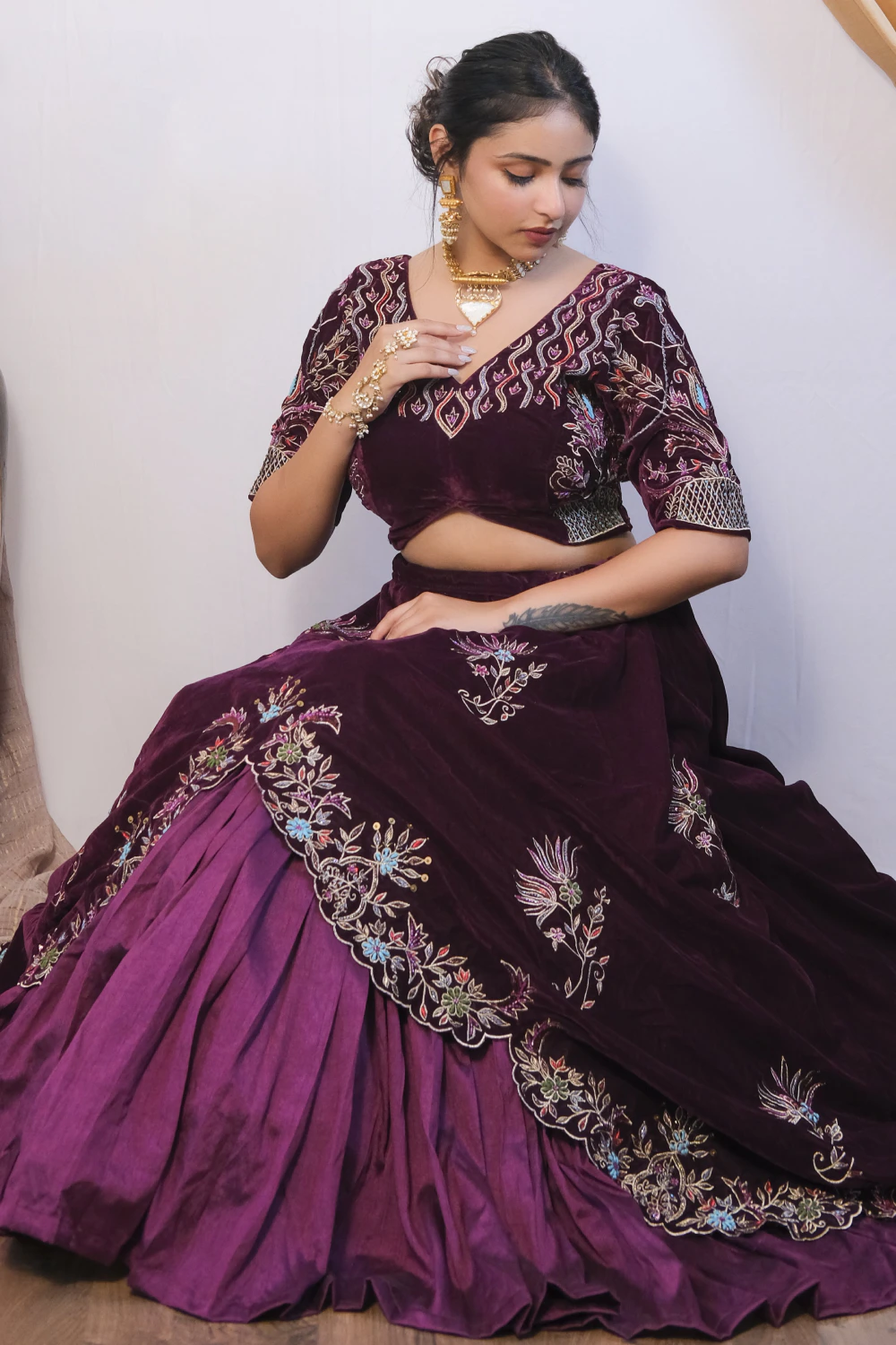 purple velvet & silk mixed work lehengae