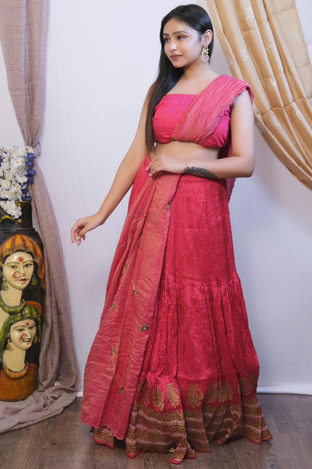 rani pink crushed & silk zardose work lehenga set