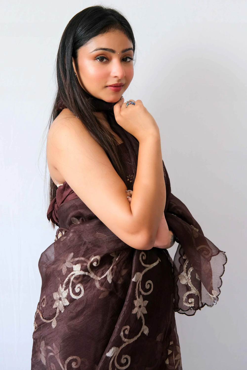 brown Pure organza weaved highlight hand work saree