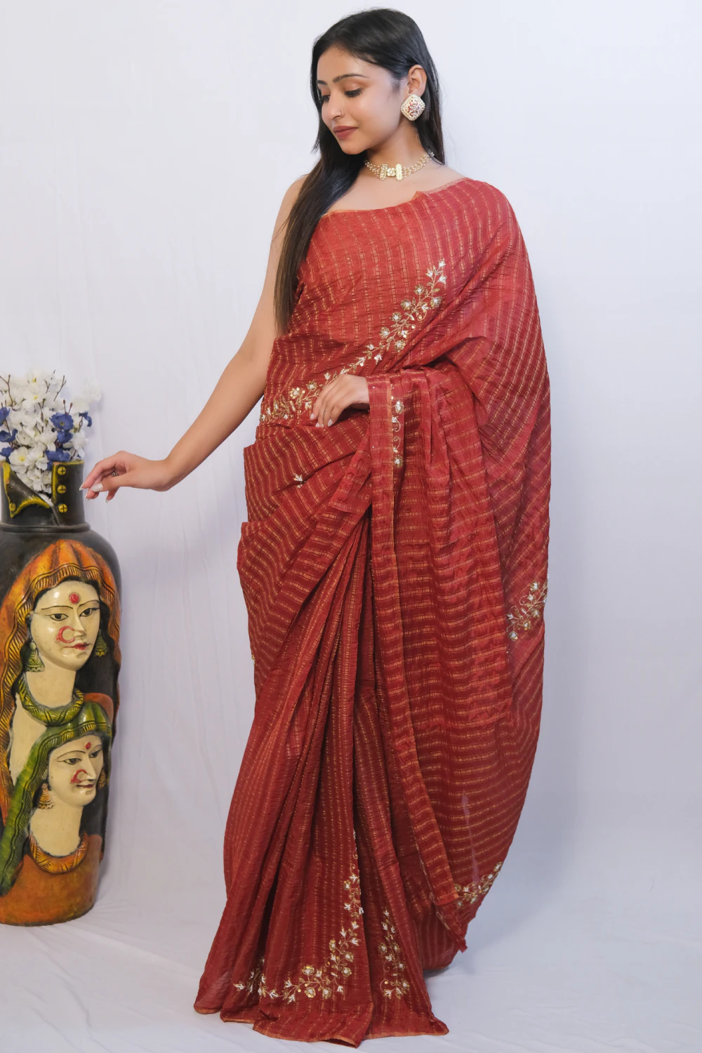 red stripe tissue silk handwork saree