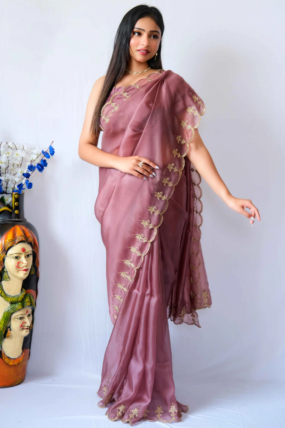 Mauve jute silk zardose handwork saree