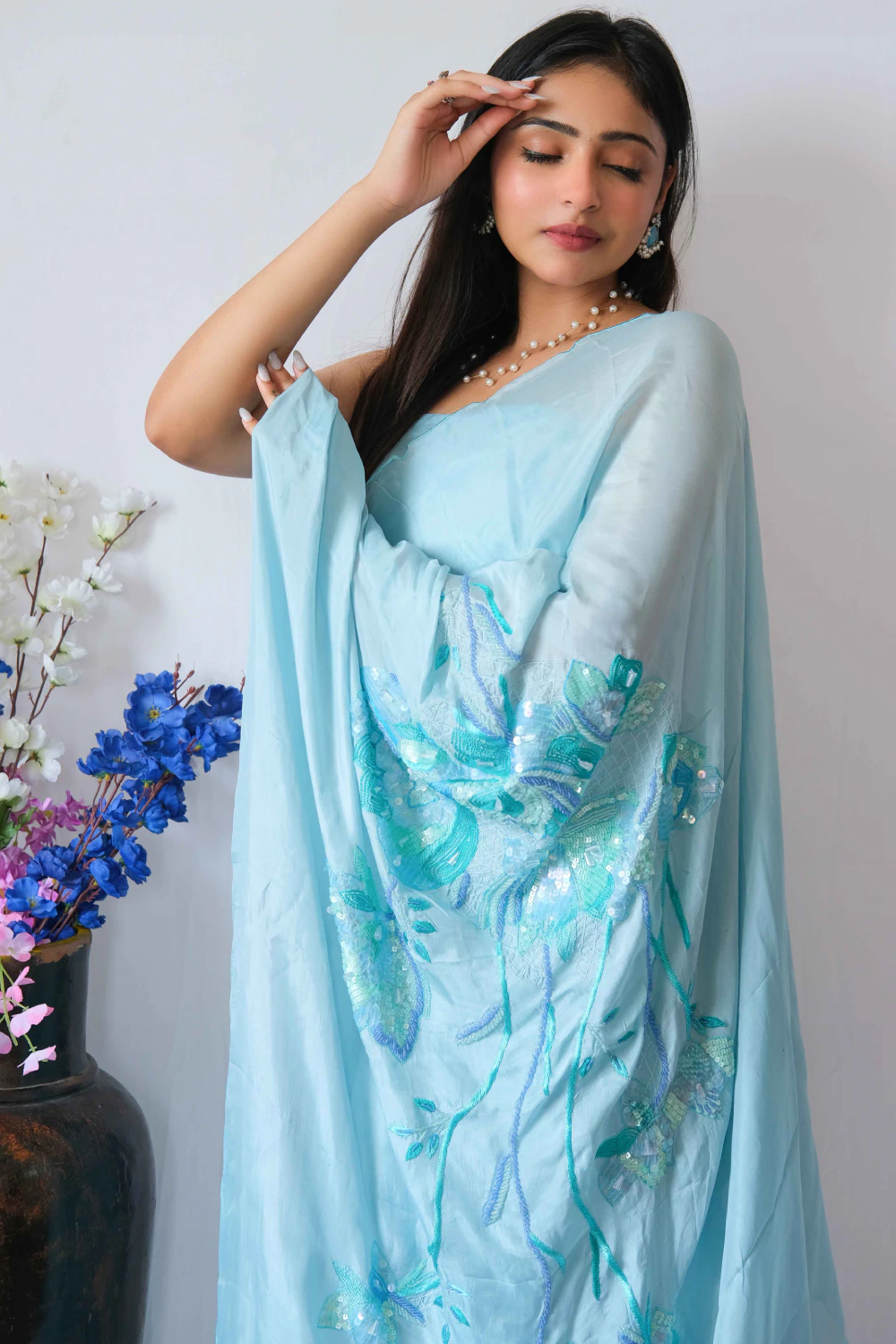 Ice blue abu dai mixed handwork saree