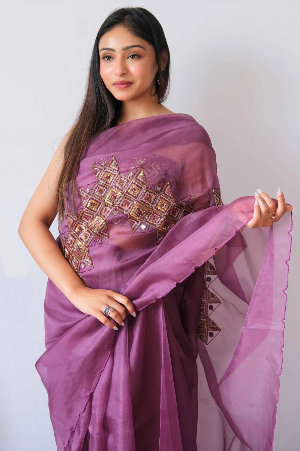 purple pure organza mixed handwork saree
