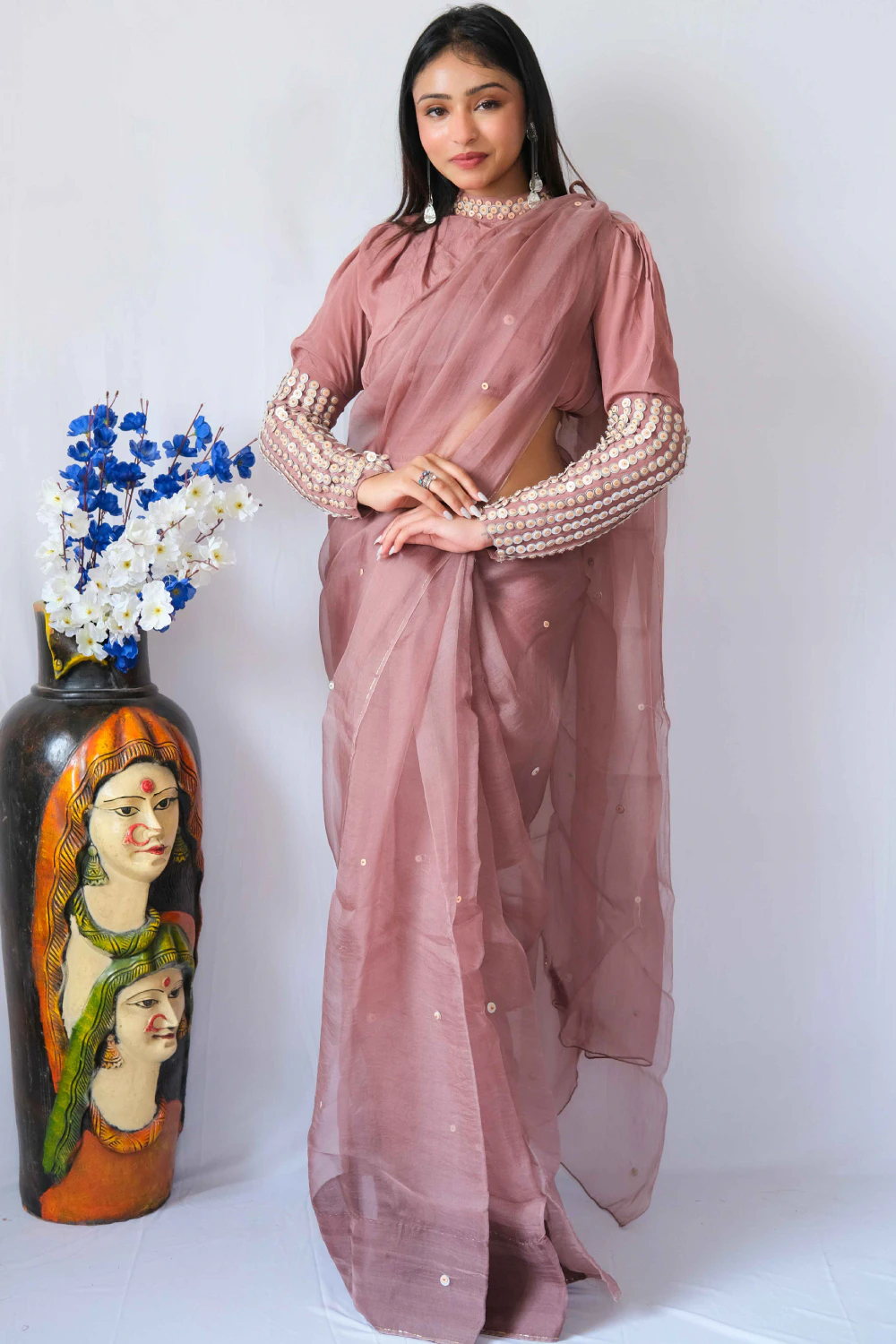 Mauve pure organza leather sequins handwork saree