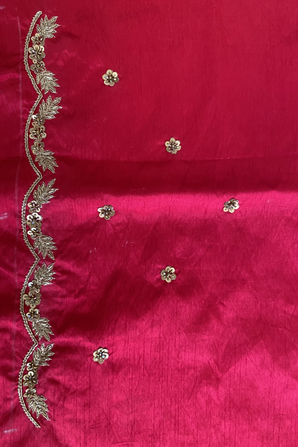 Rani pink & red ombre dyed pure muslin zardose handwork saree
