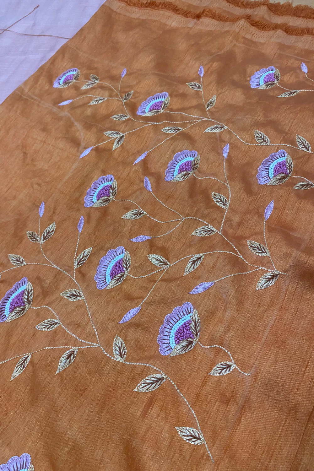 ombre dyed peach & orange handwork saree