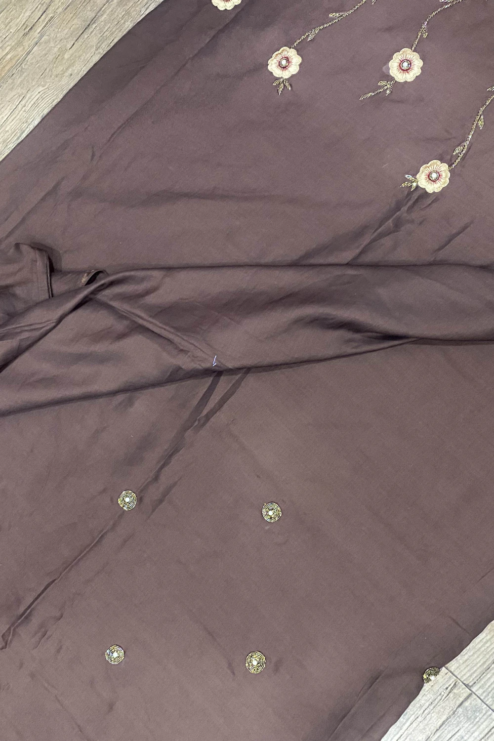 Dark Brown Muslin Silk Mixed Handwork Saree
