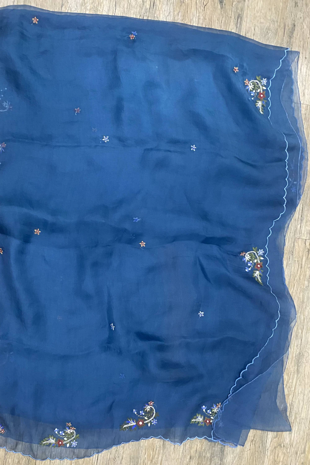 Peacock Blue Pure Organza Handwork Saree