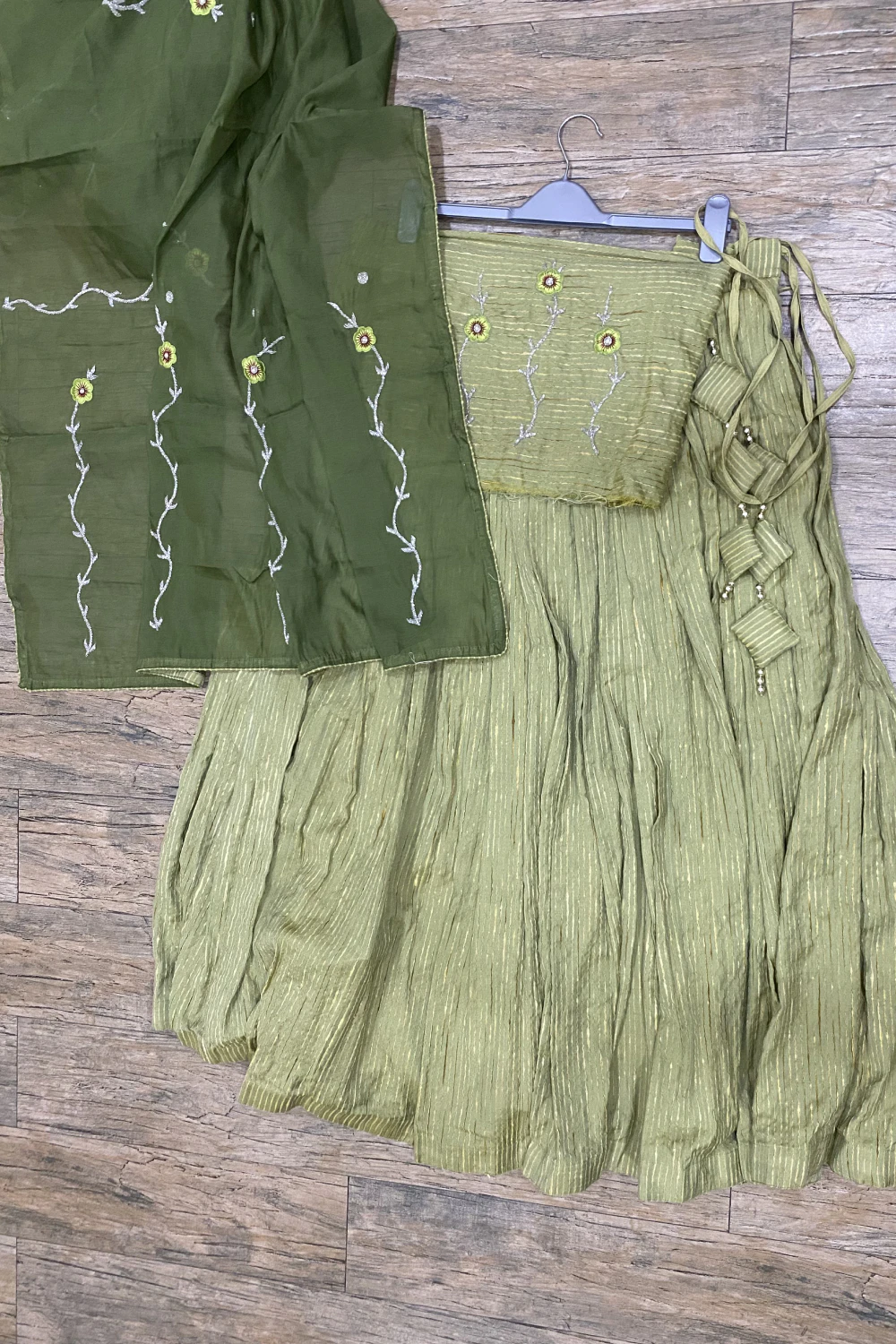 parrot green textured chanderi silk  lehenga set