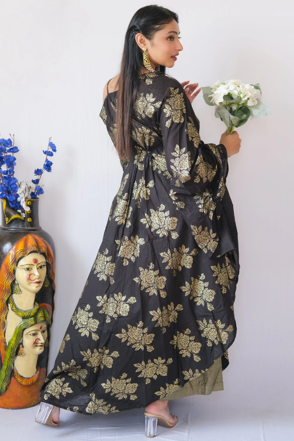 black with golden draped kurta set