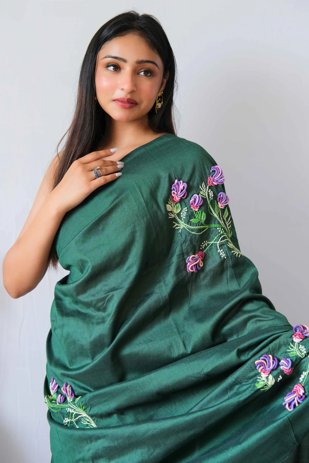 Bottle green cotton silk thread work saree