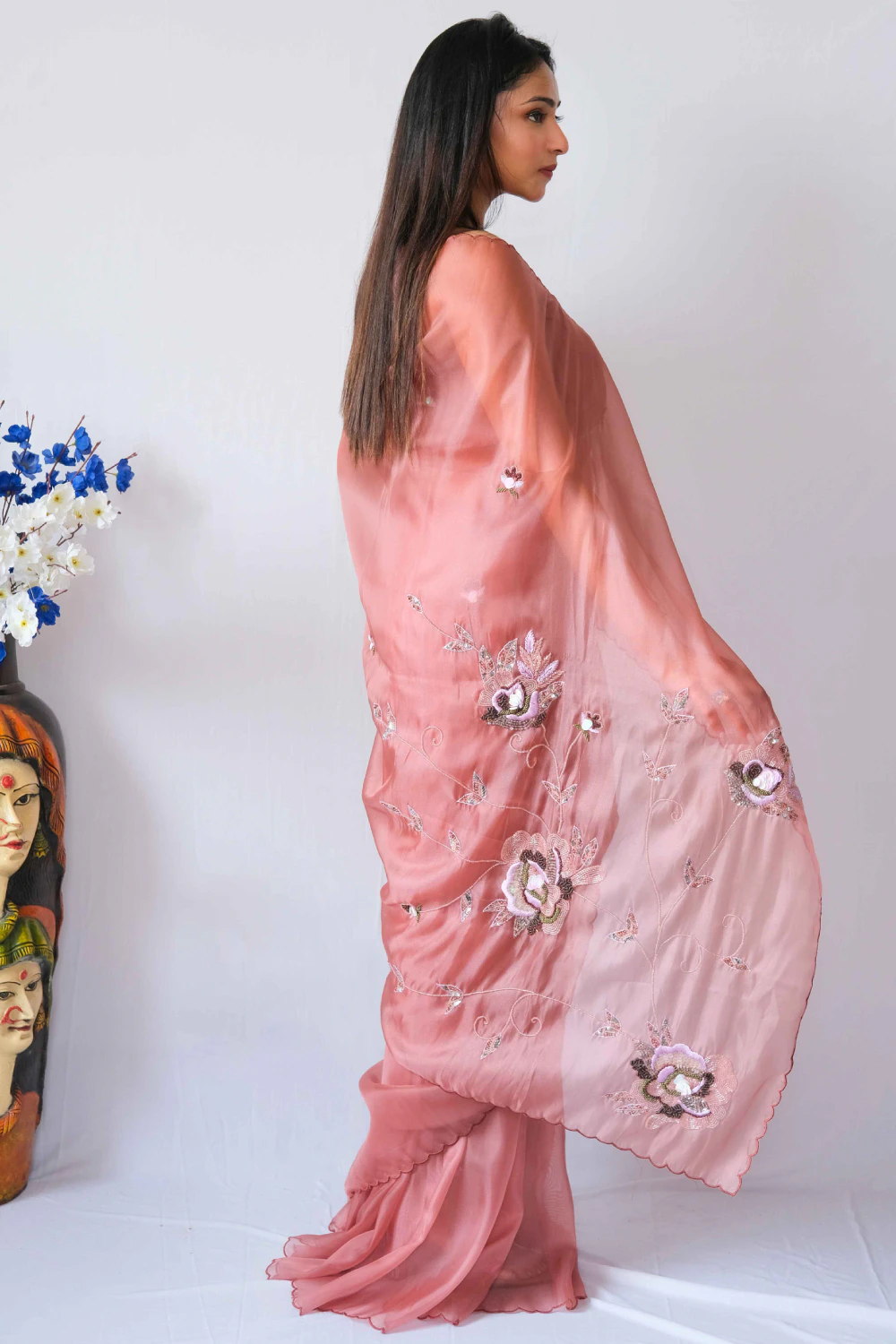 Rust jute silk mixed  handwork saree