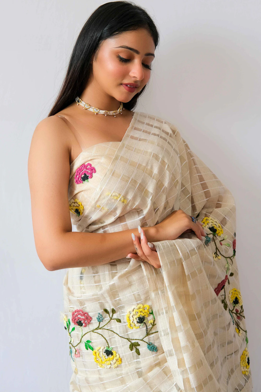 Cream jute organza thread work saree