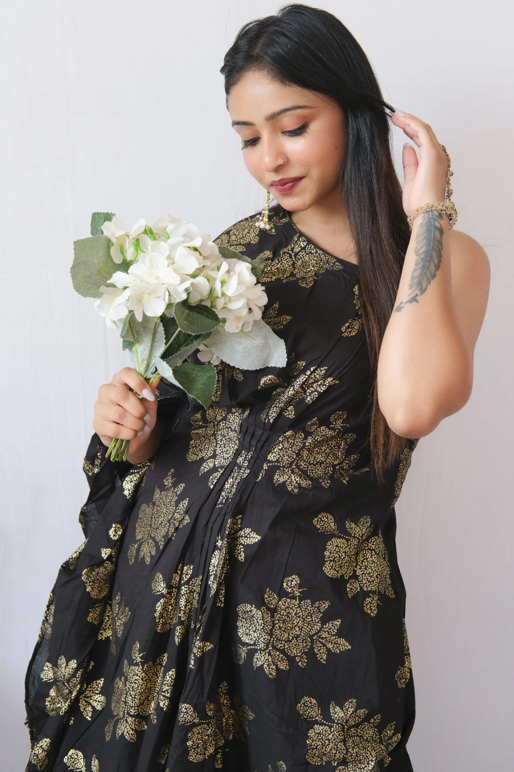 Black with golden draped kurta set