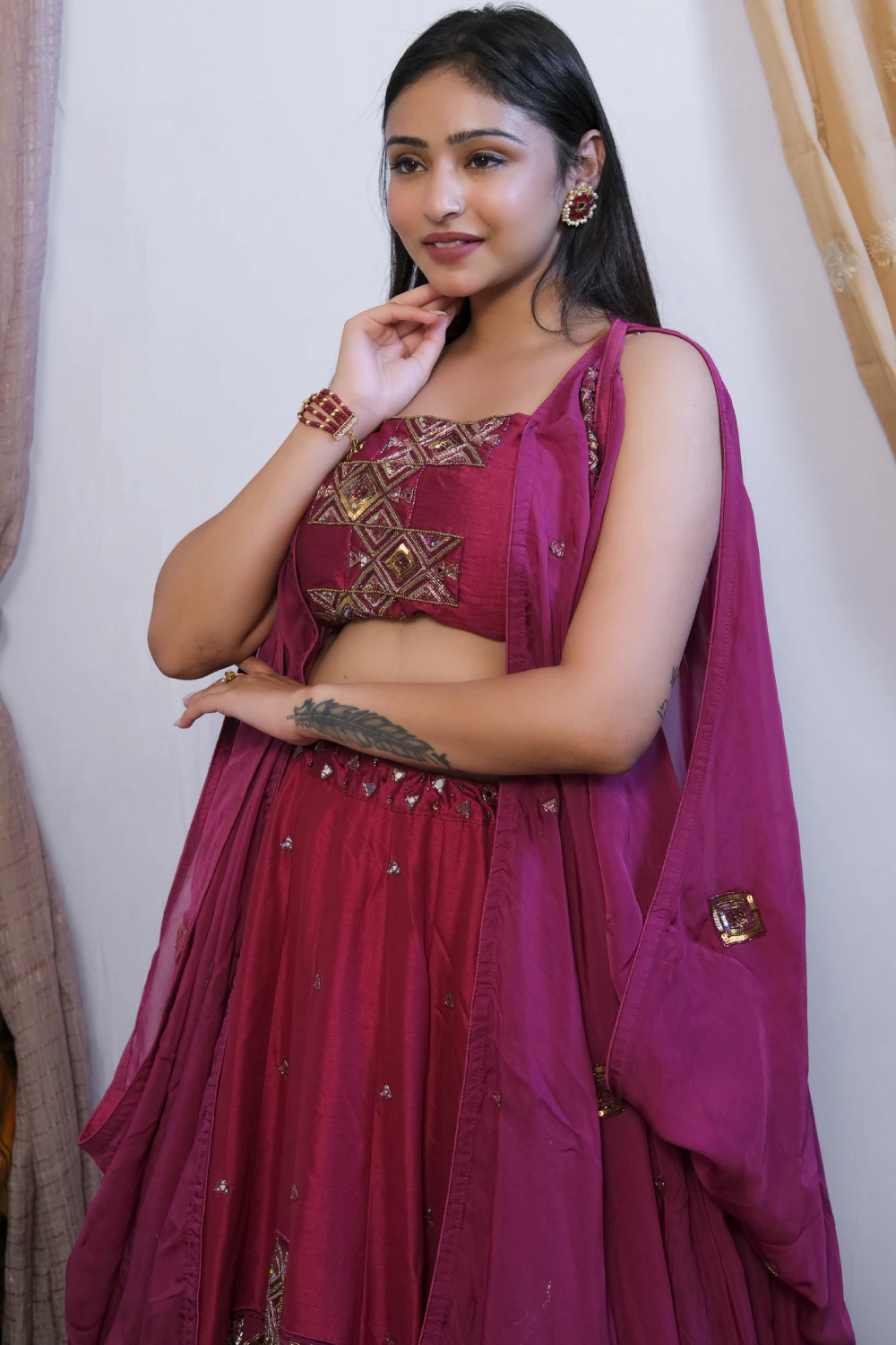 wine silk mixed work lehenga set